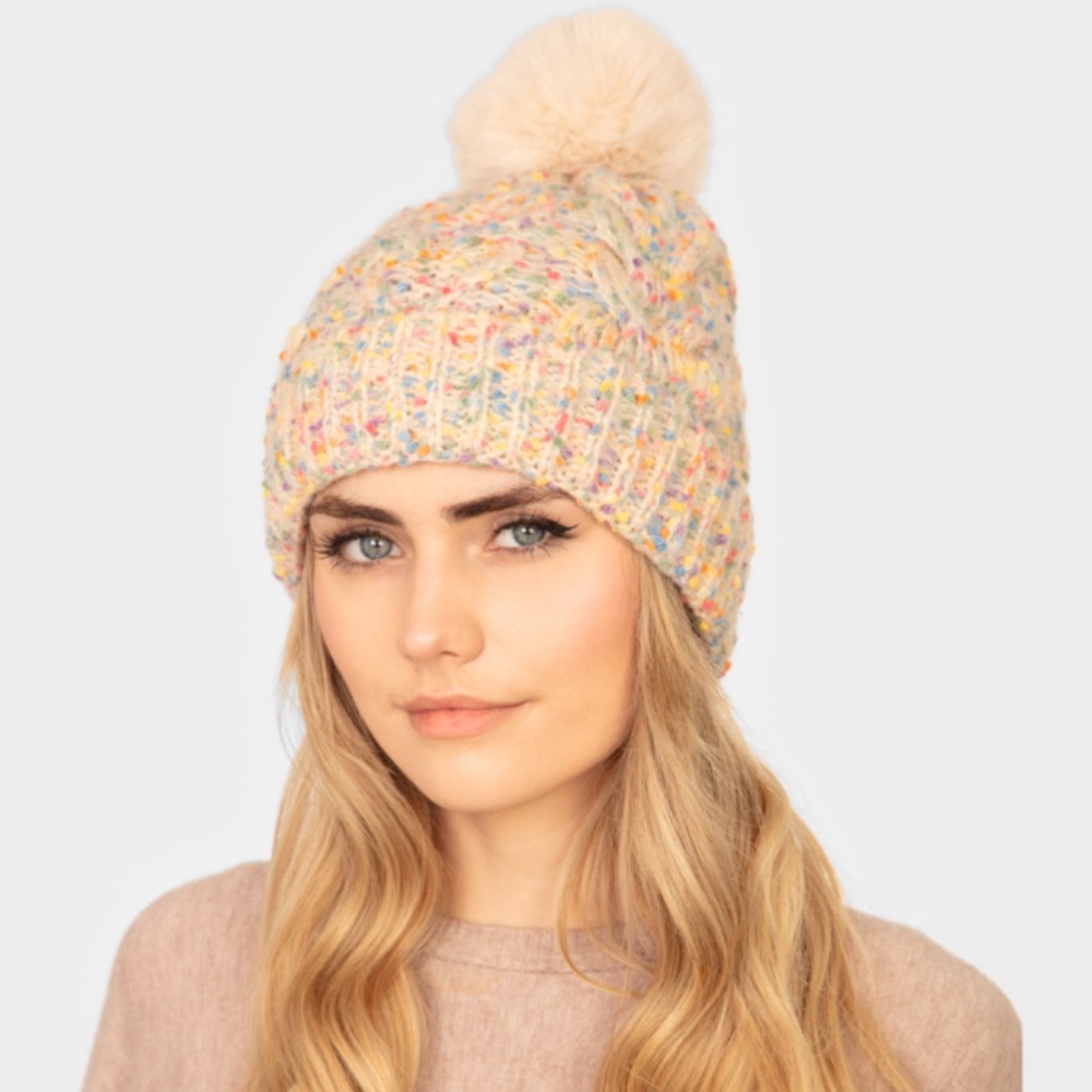 CONFETTI CABLE KNIT POM POM BEANIE HAT- Ivory